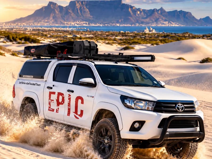 An Epic Hilux driving the Atlantis Dunes with Table Mountain across the bay