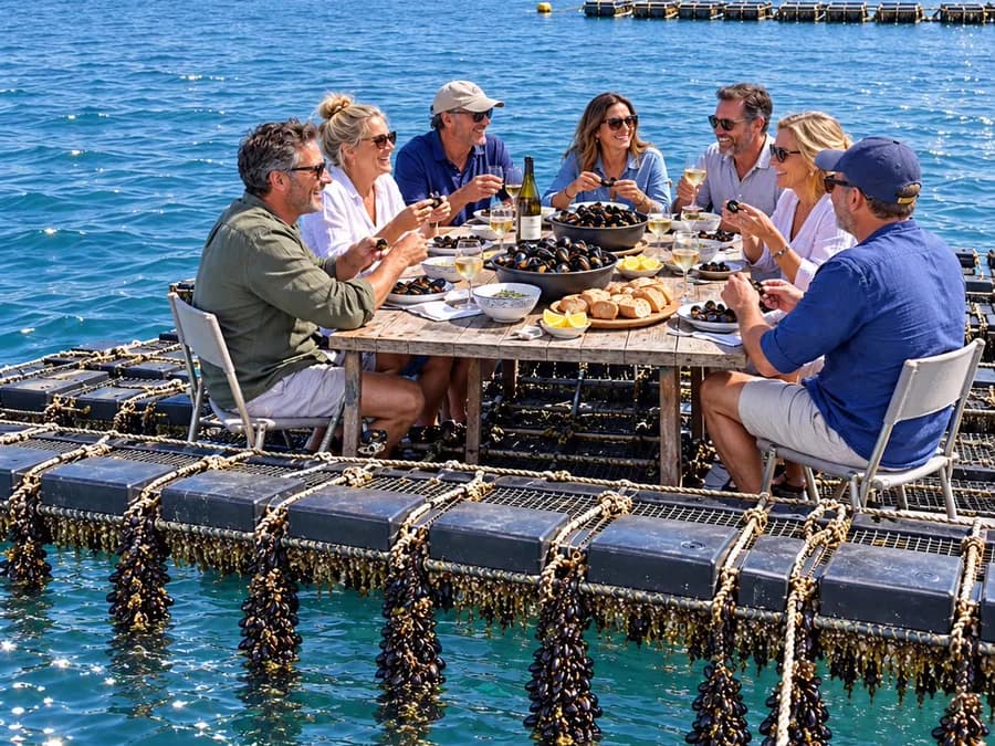 Guests eating mussels at a table on the mussel rafts in Saldanha Bay