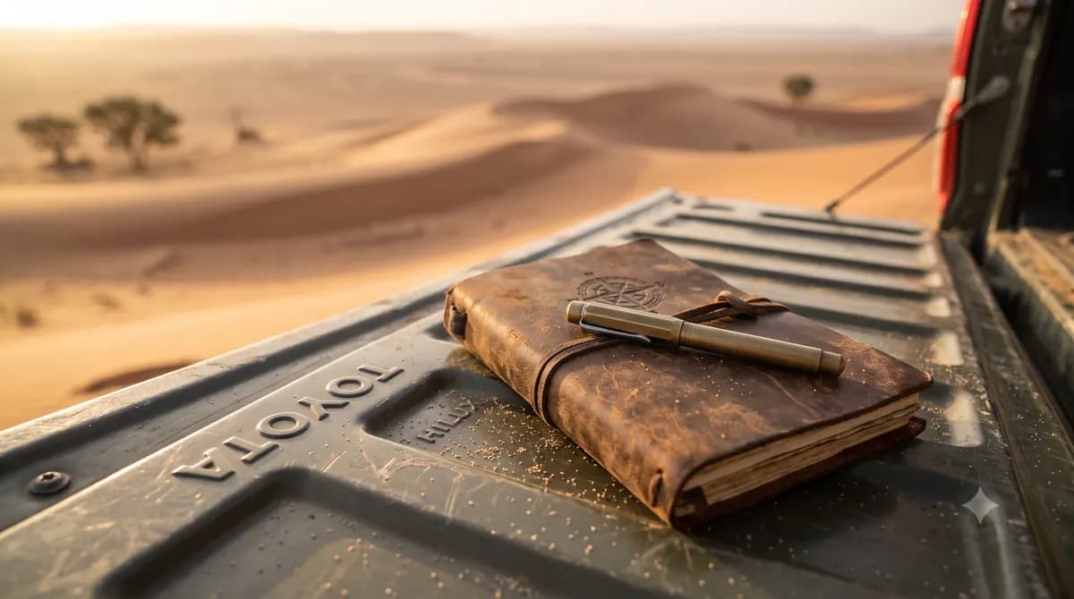 A field journal on a Hilux tailgate at dusk